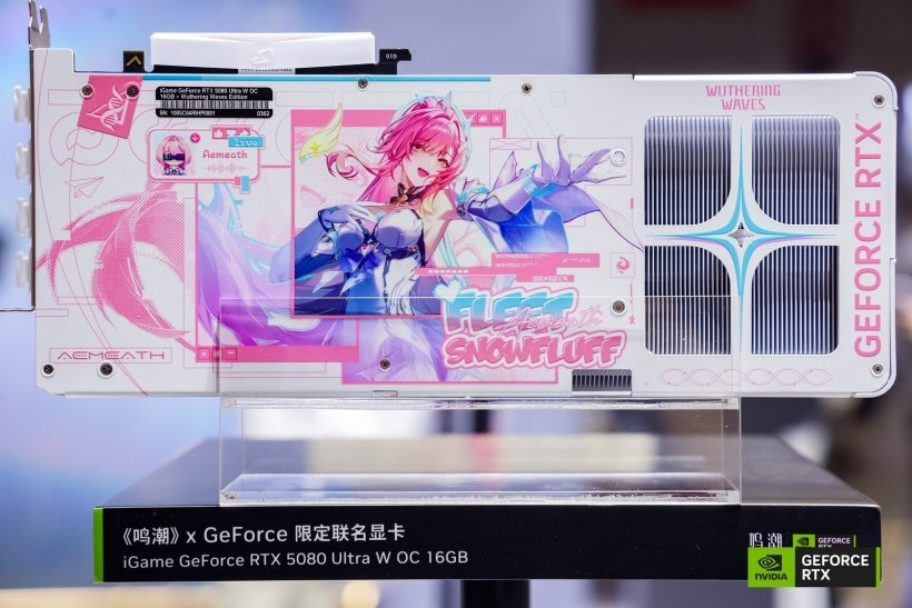 The image shows a 'Wuthering Waves' themed iGame GeForce RTX 5080 Ultra W OC 16GB graphics card featuring anime artwork and the text 'Electric Snowfluff'.