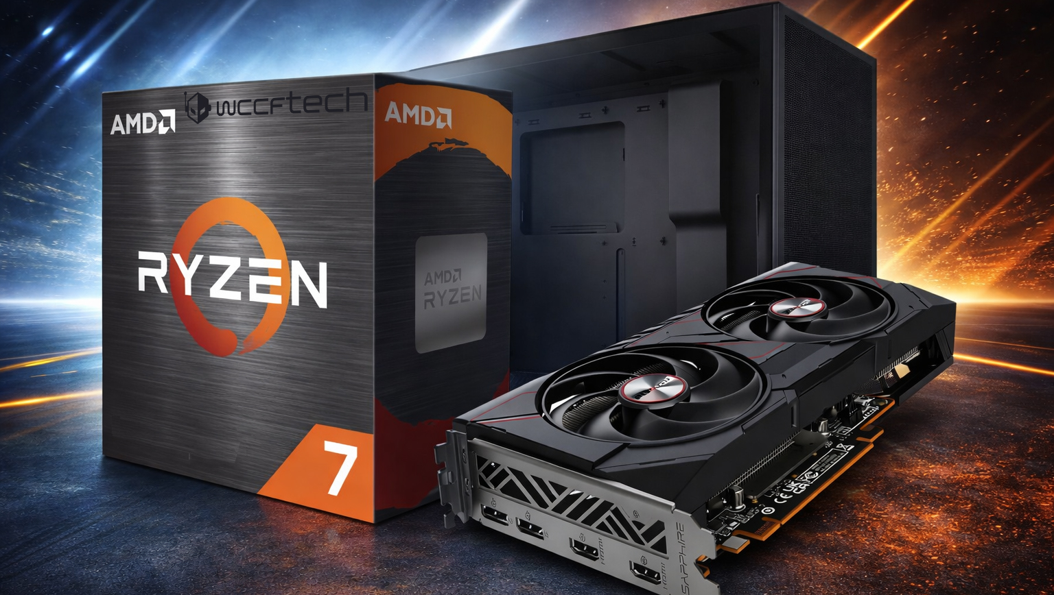 An AMD Ryzen 7 processor box and a Sapphire graphics card are positioned next to a computer case with a dynamic blue and orange background.