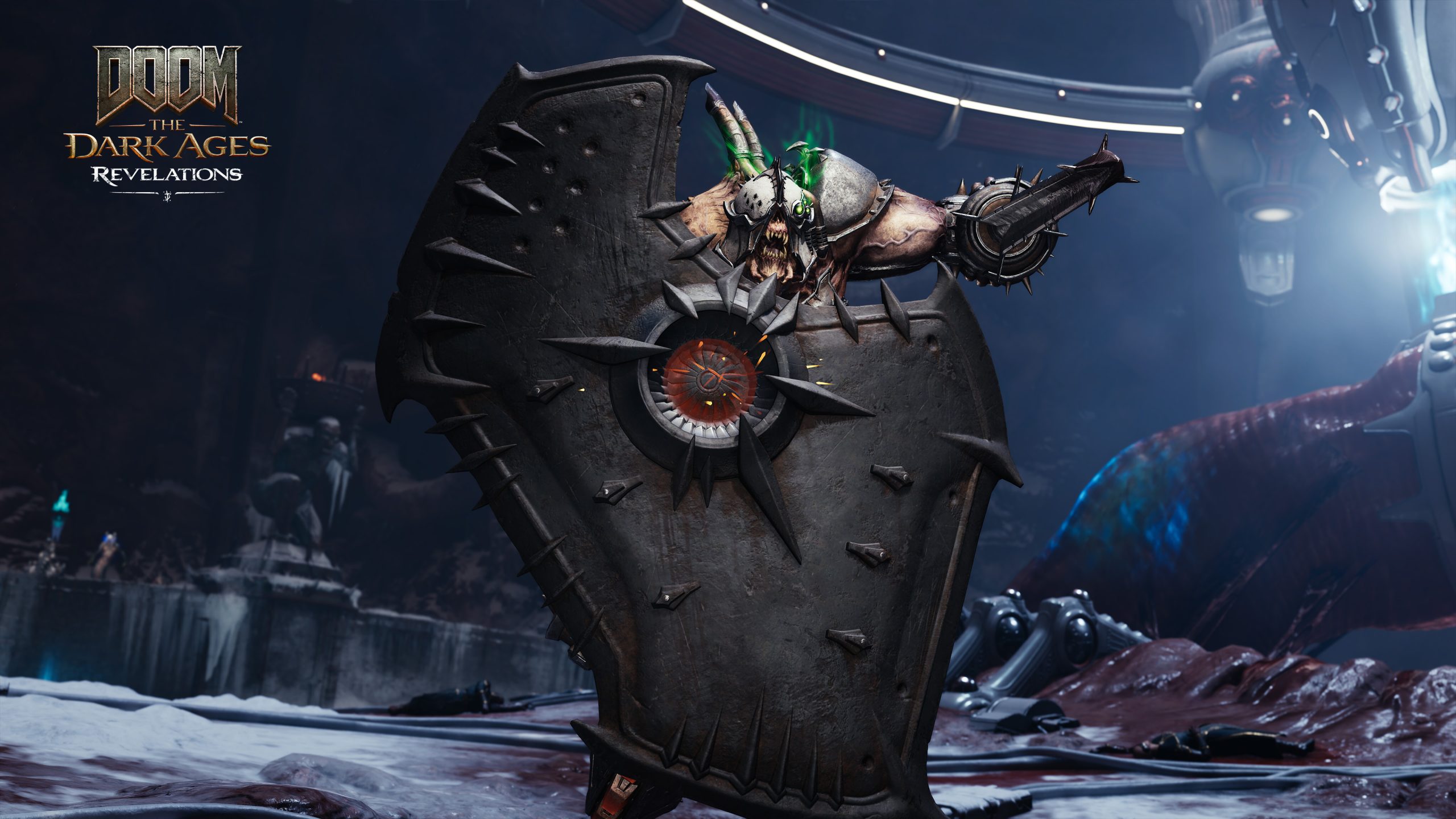 A menacing creature wielding a spiked shield appears in the video game 'DOOM The Dark Ages Revelations,' set in a dark, futuristic environment.
