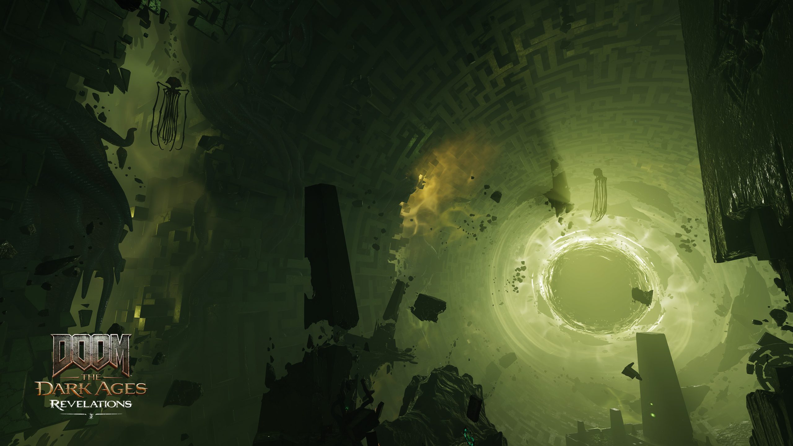 A game screenshot from DOOM: The Dark Ages Revelations shows a dark, labyrinthine environment with scattered debris and a glowing portal in the center.