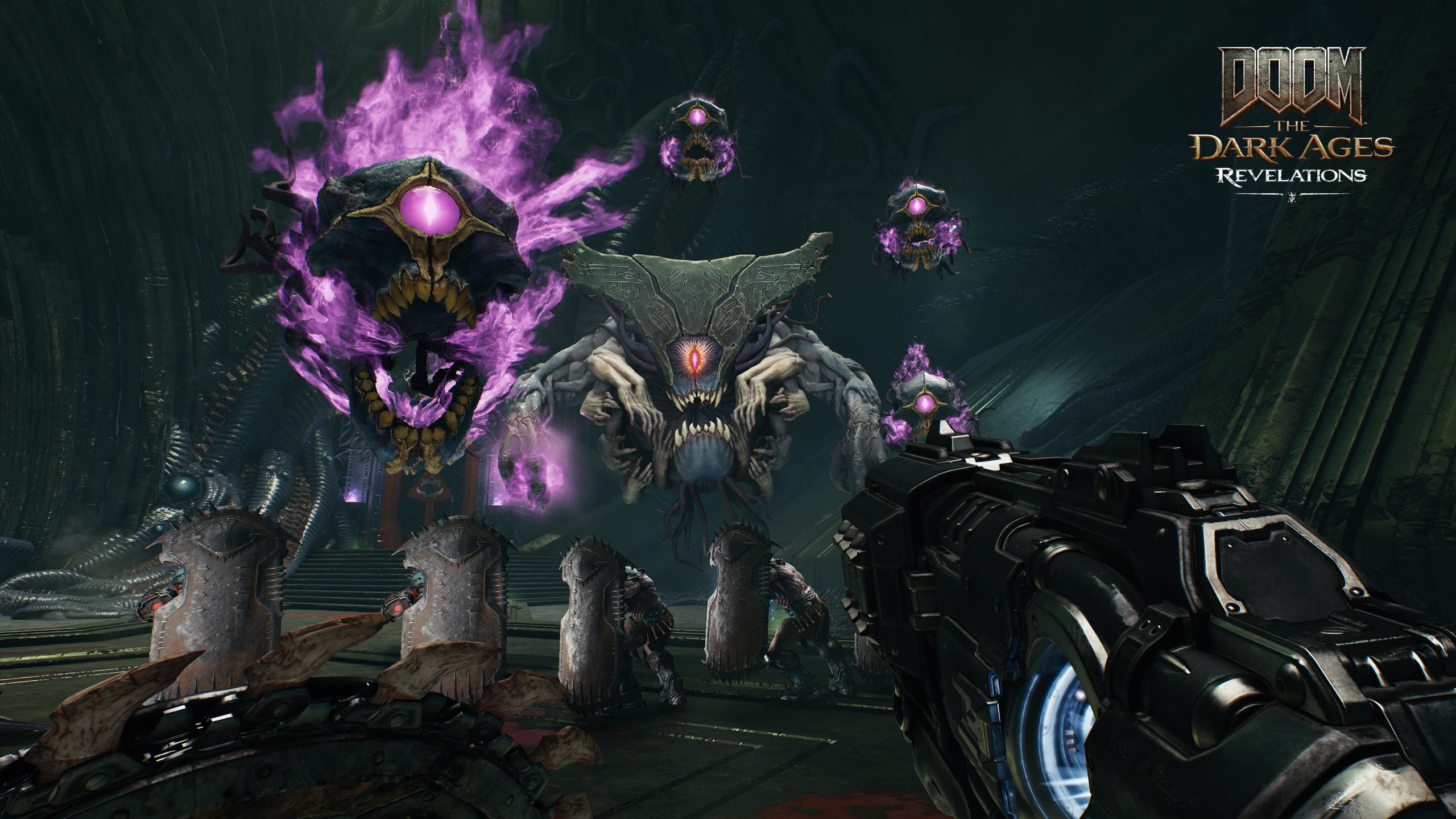In the game 'Doom: The Dark Ages Revelations,' a player aims a futuristic weapon at a group of menacing, floating creatures with glowing purple energy.