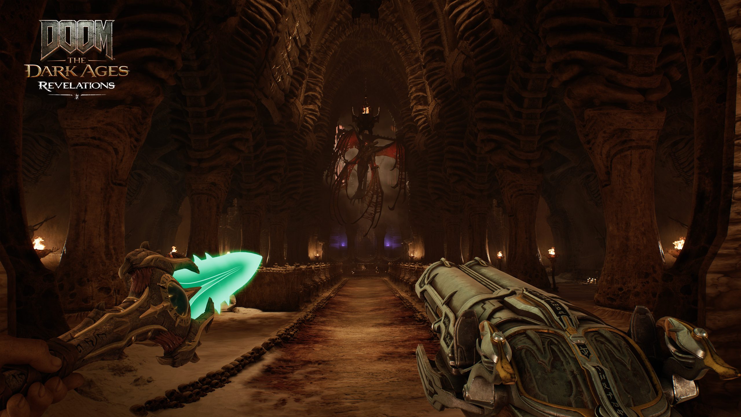 A scene from the game 'DOOM The Dark Ages Revelations' shows a character wielding a glowing green weapon inside a dark, gothic hall with a demonic creature suspended at the far end.