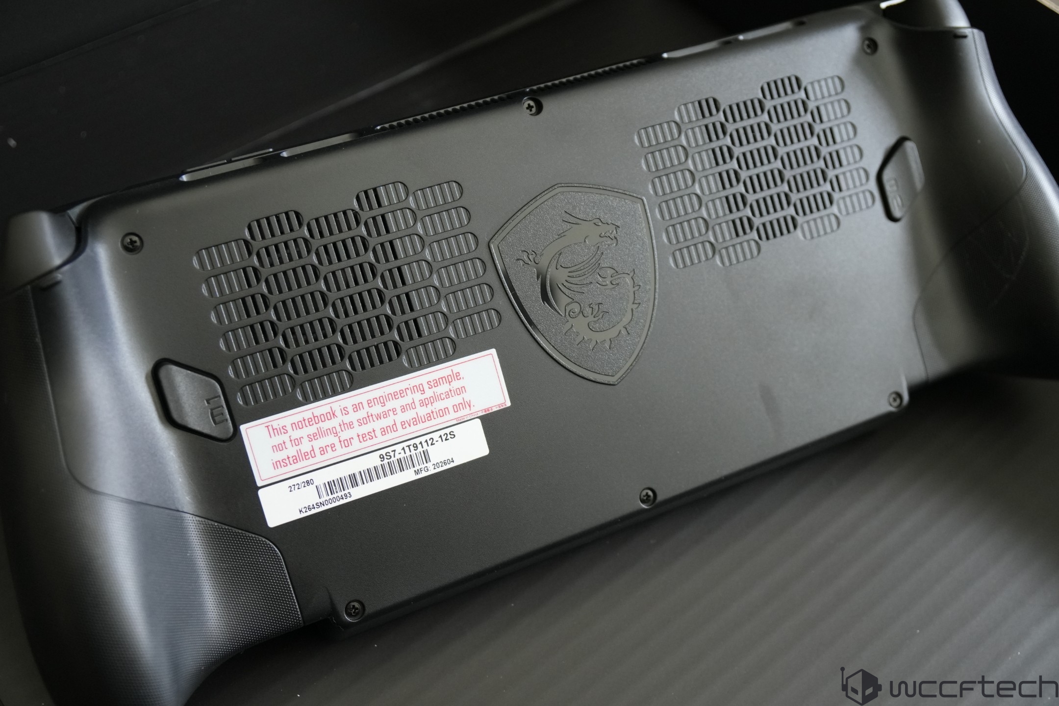 The bottom view of an MSI device shows the MSI dragon logo and a label stating, 'This notebook is an engineering sample, not for selling.'