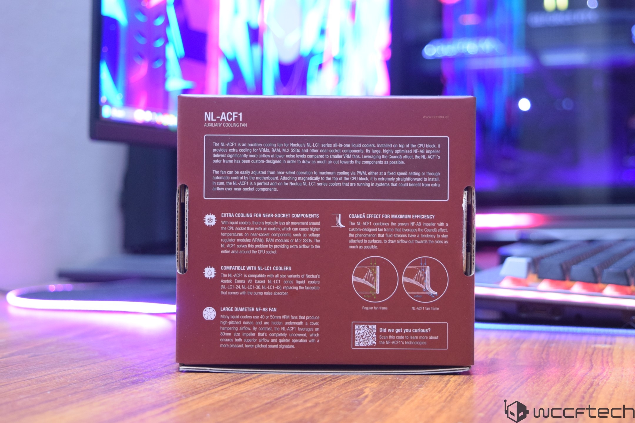 The image shows a Noctua NL-ACF1 auxiliary cooling fan box with text detailing its compatibility with NF-LC1 coolers, Coandă effect for maximum efficiency, and extra cooling for near-socket components, alongside an illustrated comparison of regular and NL-ACF1 fan frames.