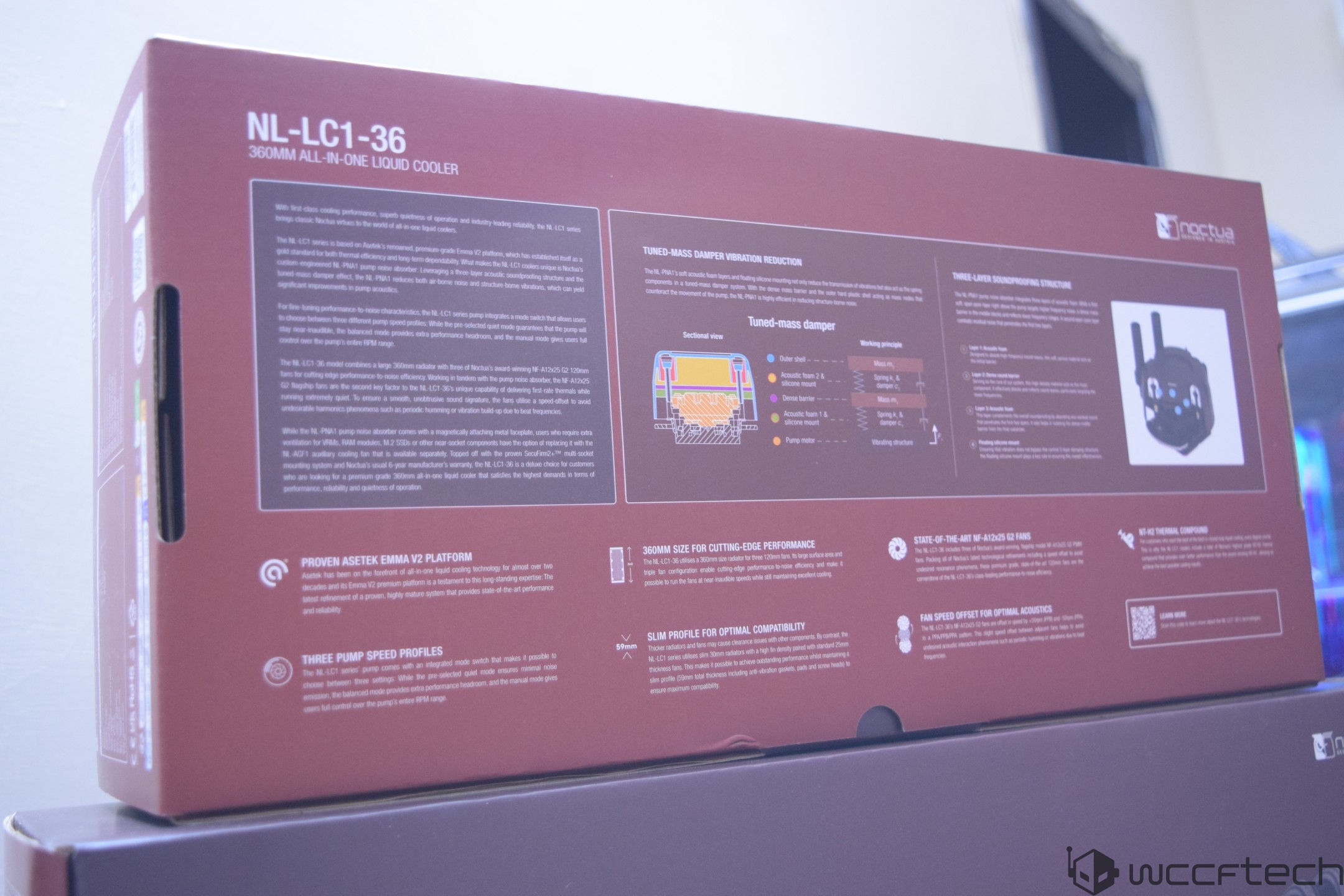 The box for the Noctua NL-LC1-36 360mm all-in-one liquid cooler displays details on features like 'Tuned-Mass Damper Vibration Reduction' and 'Proven Asetek Emma V2 Platform.'