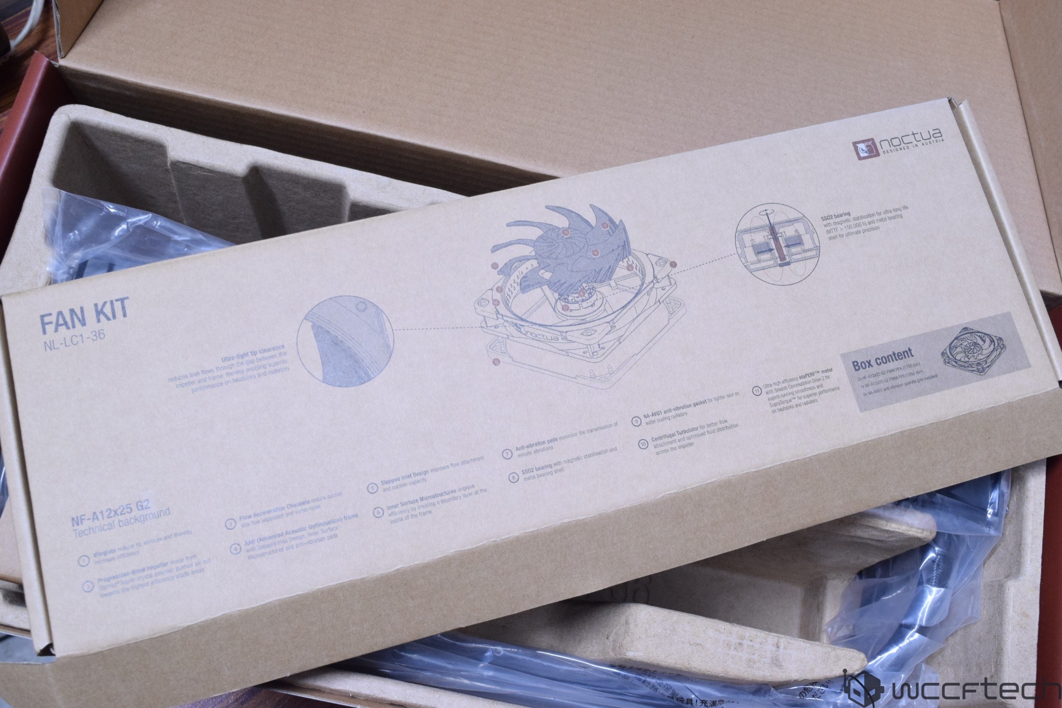 A Noctua 'Fan Kit NL-LC1-36' box featuring an illustration and specifications for the NF-A12x25 G2 fan model, with detailed features on noise reduction and performance enhancements.