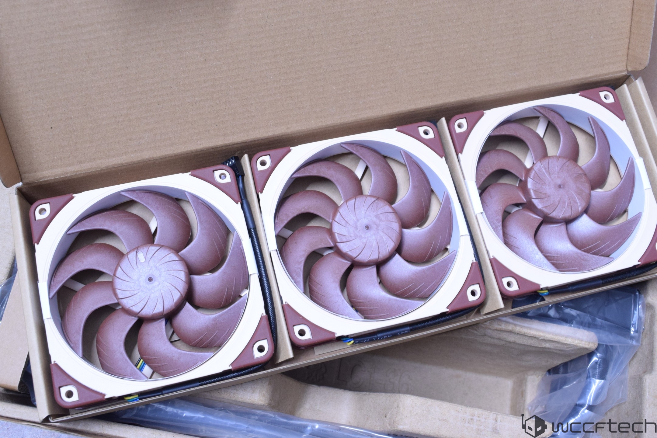 Three Noctua NF-A12x25 cooling fans in a cardboard box.