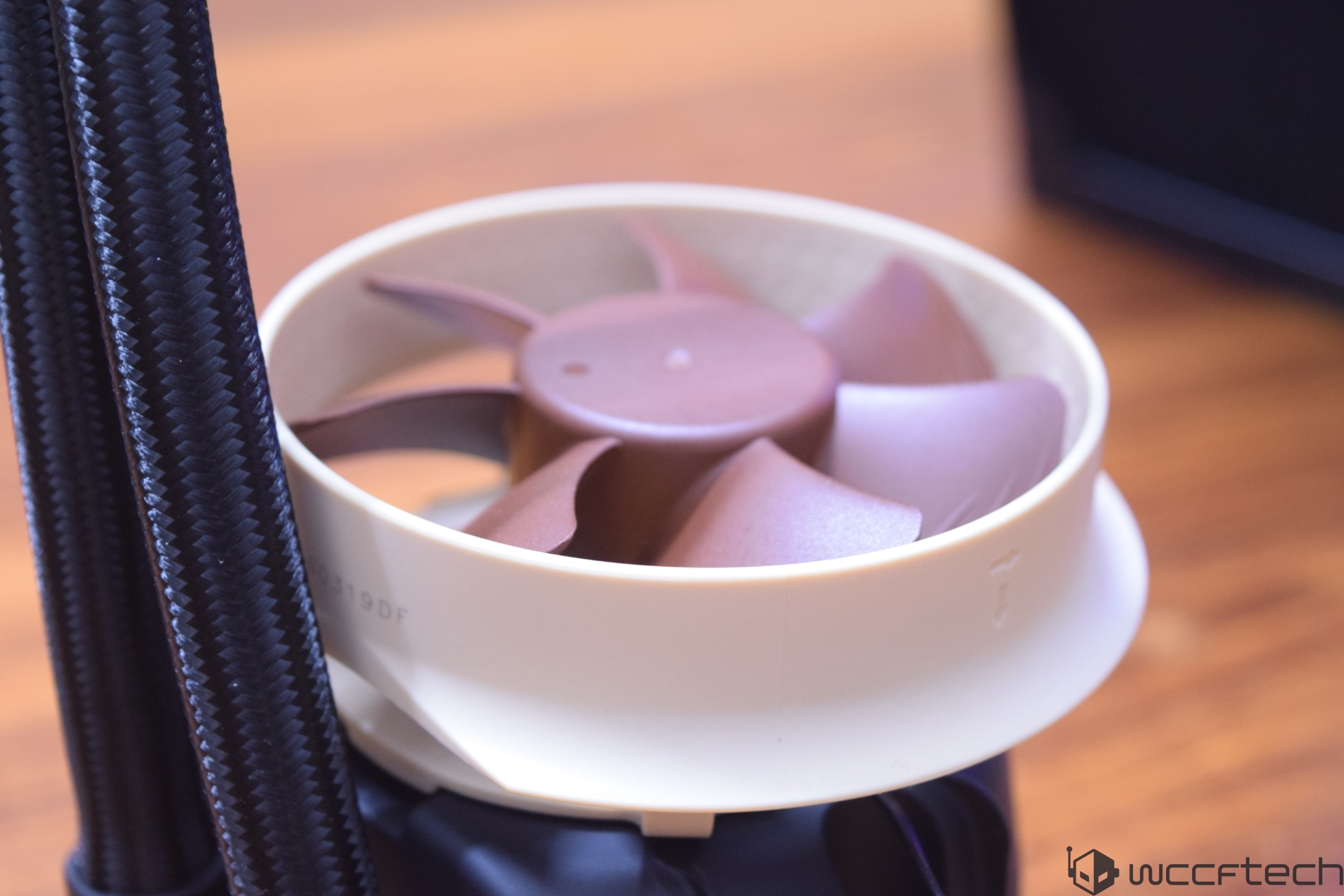 A close-up of a Noctua fan with a brown blade and white frame next to braided black cables.