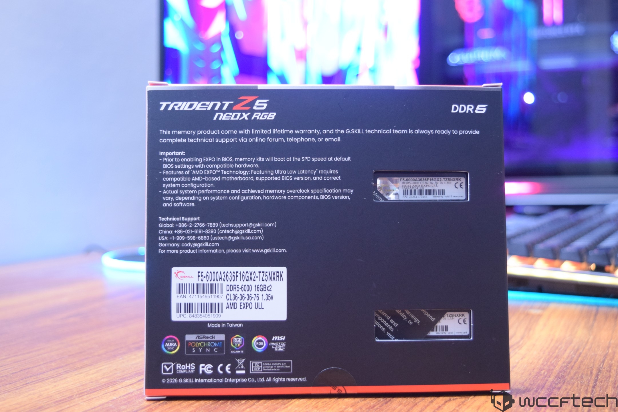 The back of a G.SKILL Trident Z5 NEO X RGB DDR5 memory package displays the model number 'F5-6000J3636F16GX2-TZ5NKRK,' specifications, and technical support contact information.