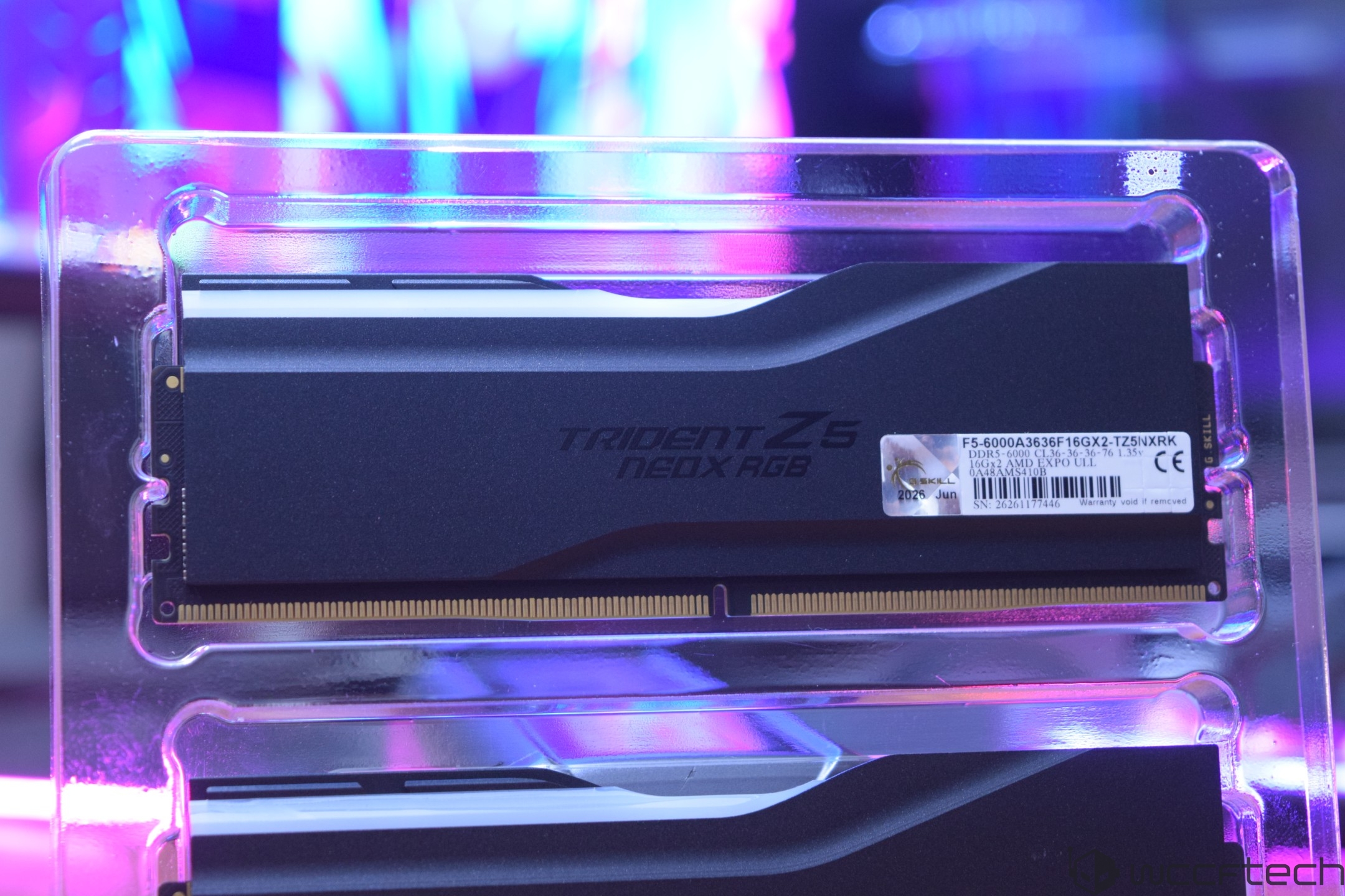 G.Skill Trident Z5 Neo RGB DDR5 memory module with specifications 'F5-6000A3636F16GX2-TZ5NXRK' displayed in a plastic package.