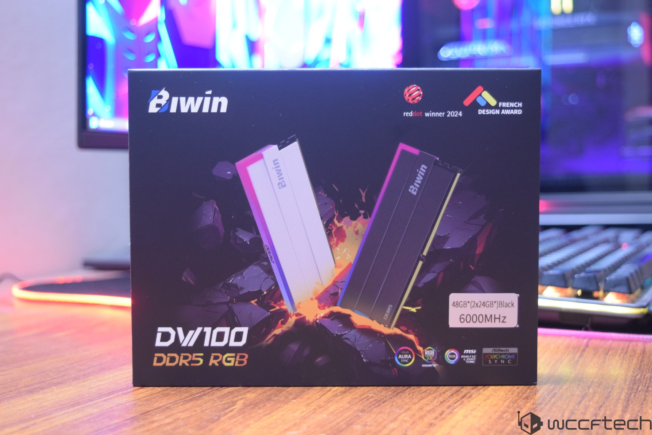 A Biwin DV/100 DDR5 RGB RAM package is displayed, highlighting '48GB (2x24GB) Black' and '6000MHz'.
