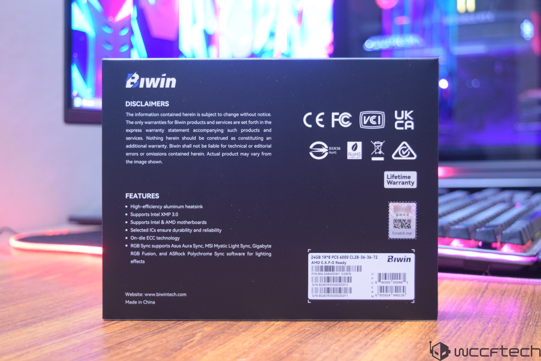 The back of a Biwin product box lists features such as high-efficiency aluminum heatsink and supports Intel XMP 3.0, with logos for certifications and a label stating 'Lifetime Warranty.'