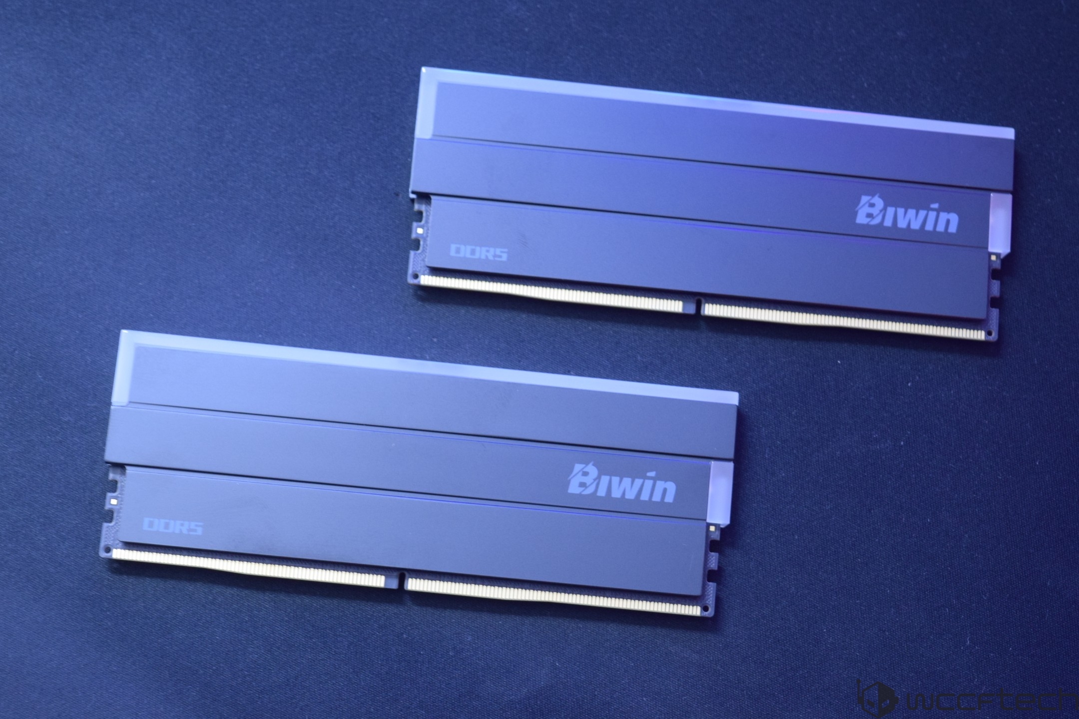 Two Biwin DDR5 memory modules are displayed on a dark surface.
