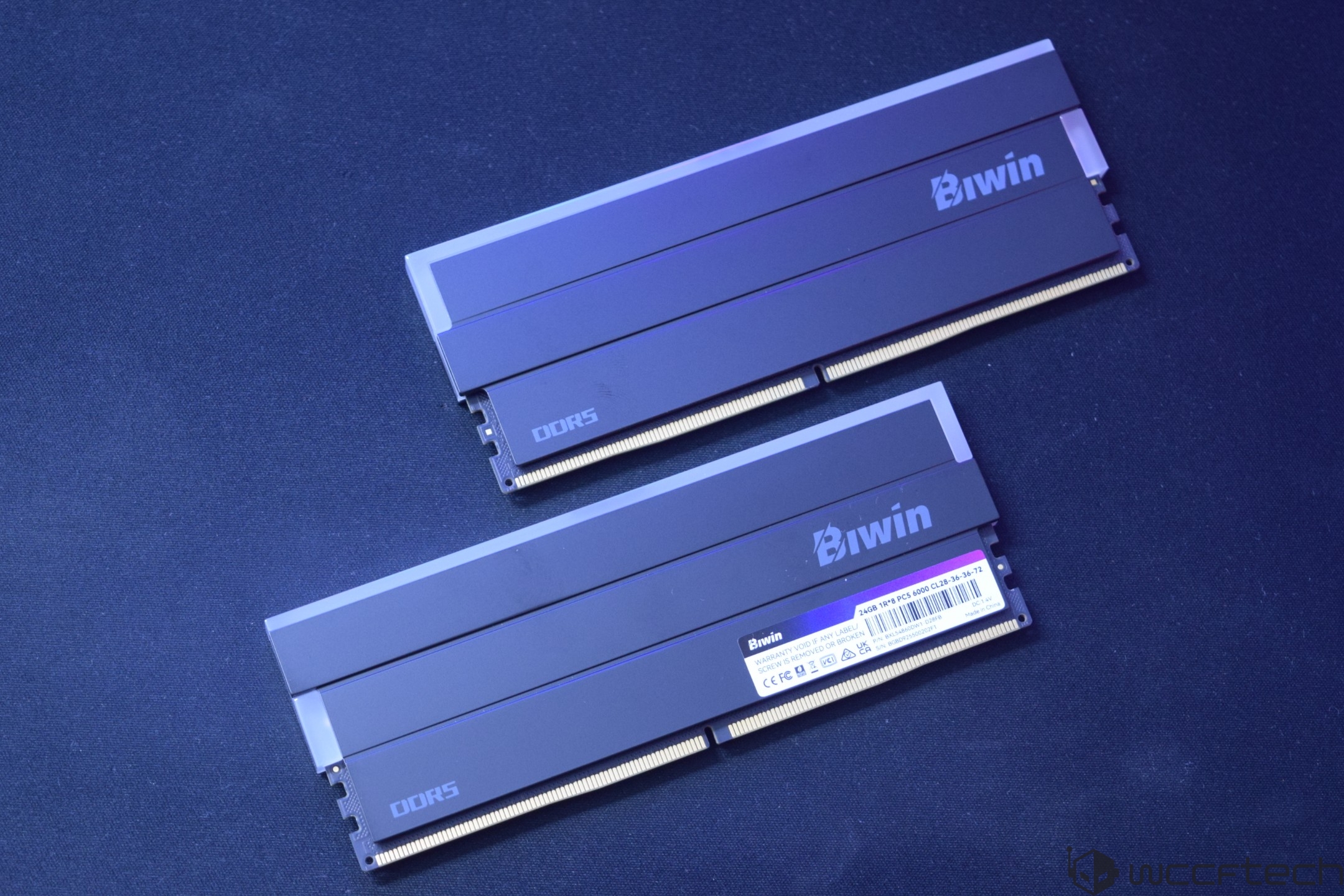 Two Biwin DDR5 RAM modules are shown with one displaying a specification sticker.