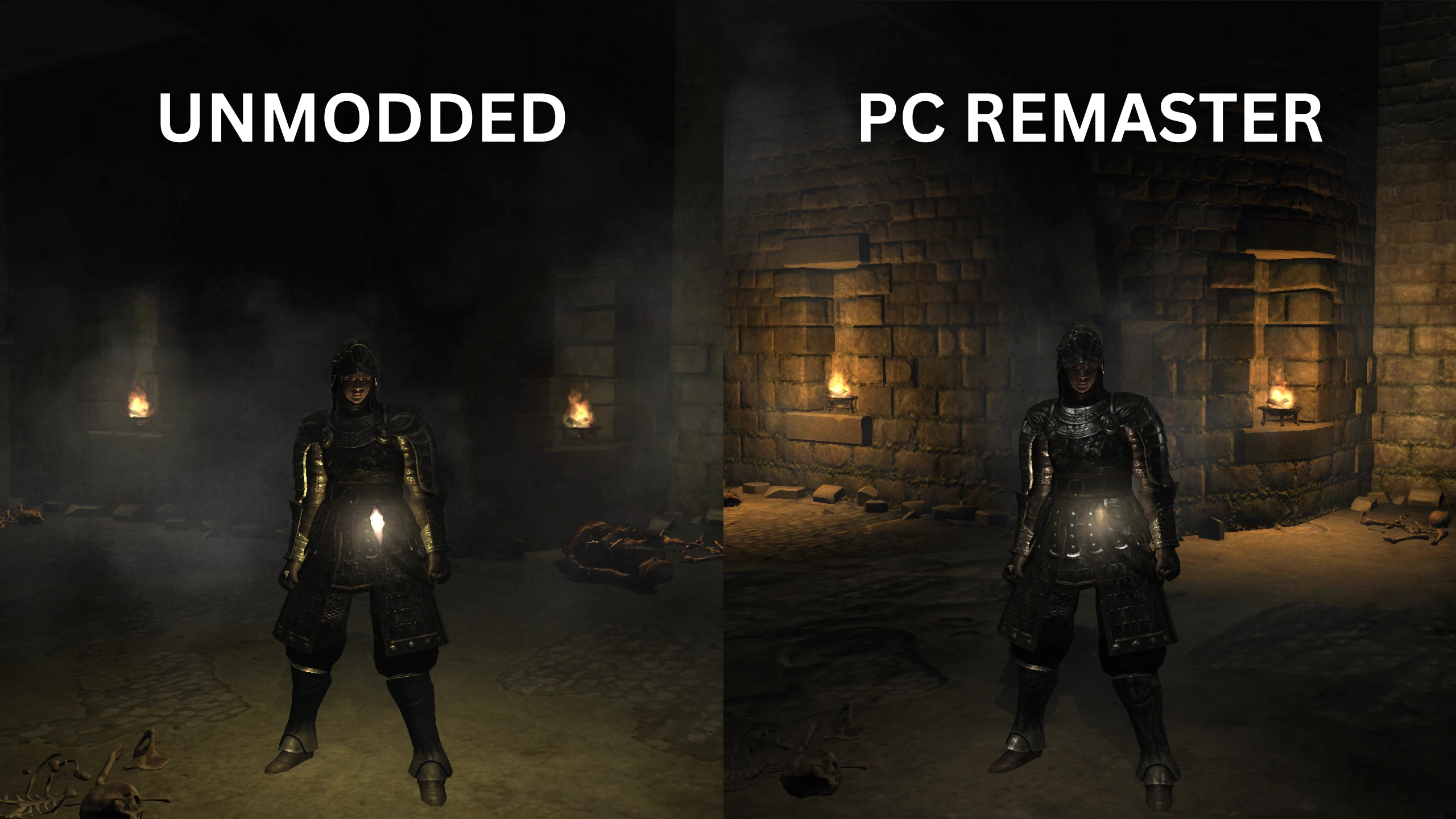 A side-by-side comparison image titled 'UNMODDED' and 'PC REMASTER' shows a character in a dark stone dungeon standing under enhanced lighting in the remastered version.