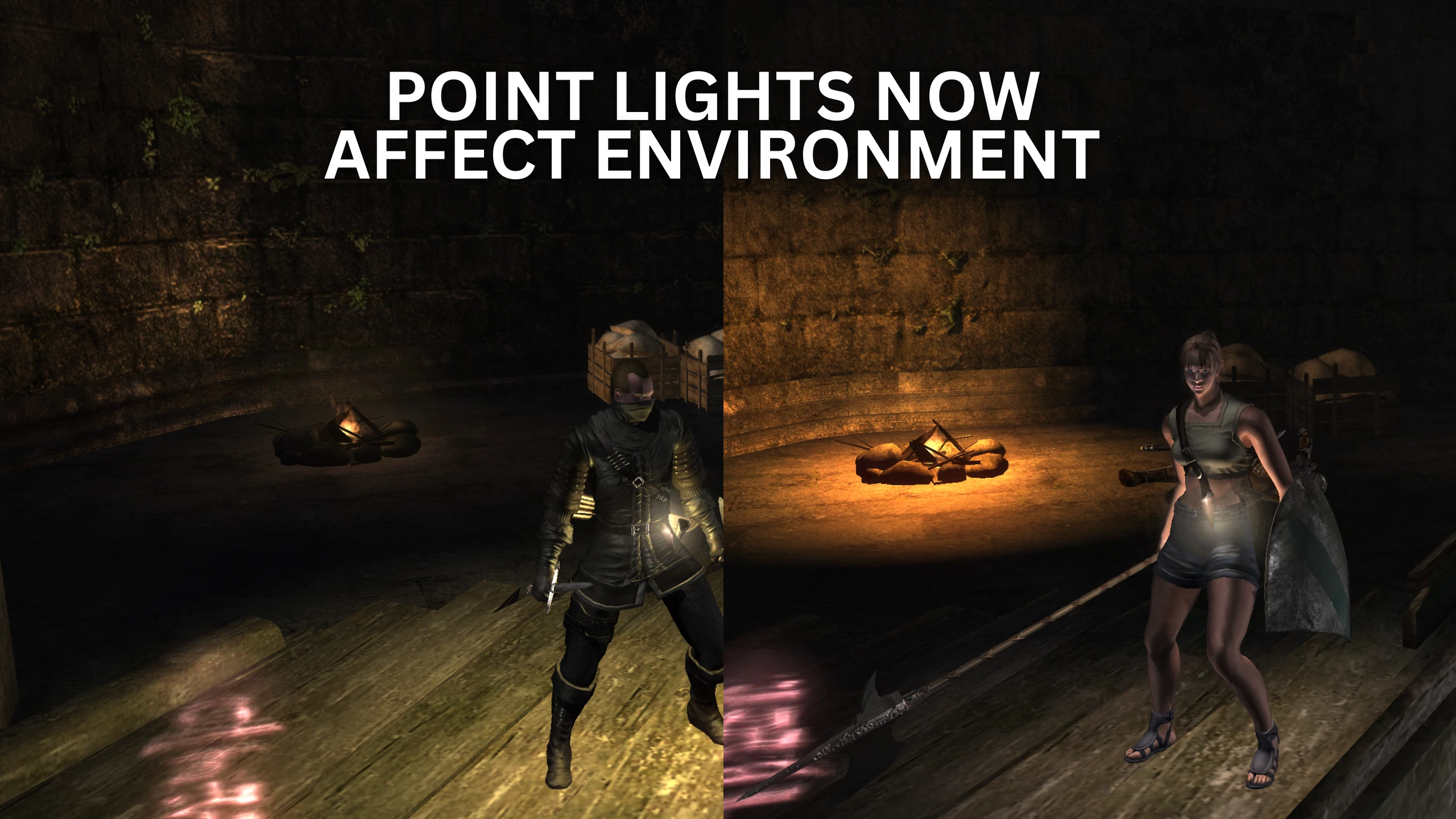 Two game characters are displayed in a dungeon setting under the text 'Point Lights Now Affect Environment,' showing a comparison of lighting effects.