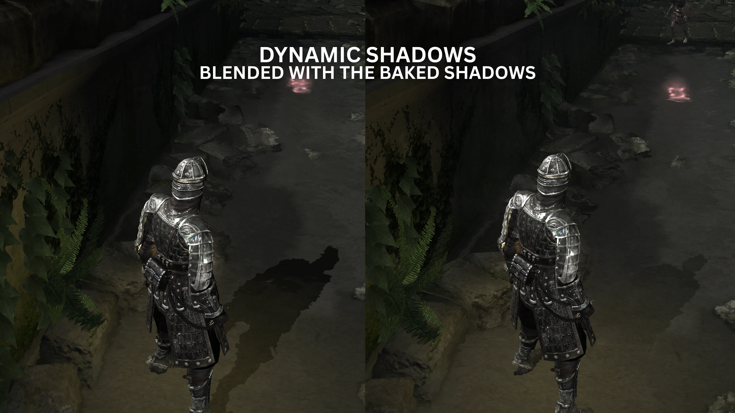 A split image compares dynamic shadows to blended baked shadows in a video game, featuring a knight in armor standing in a narrow, stone-walled pathway.