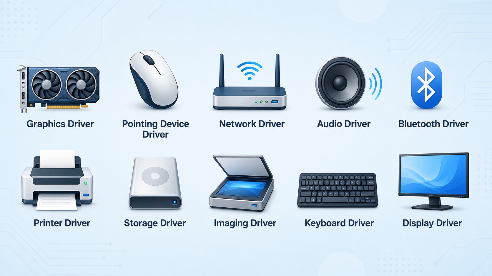 An infographic shows icons for different drivers: 'Graphics Driver,' 'Pointing Device Driver,' 'Network Driver,' 'Audio Driver,' 'Bluetooth Driver,' 'Printer Driver,' 'Storage Driver,' 'Imaging Driver,' 'Keyboard Driver,' and 'Display Driver.'