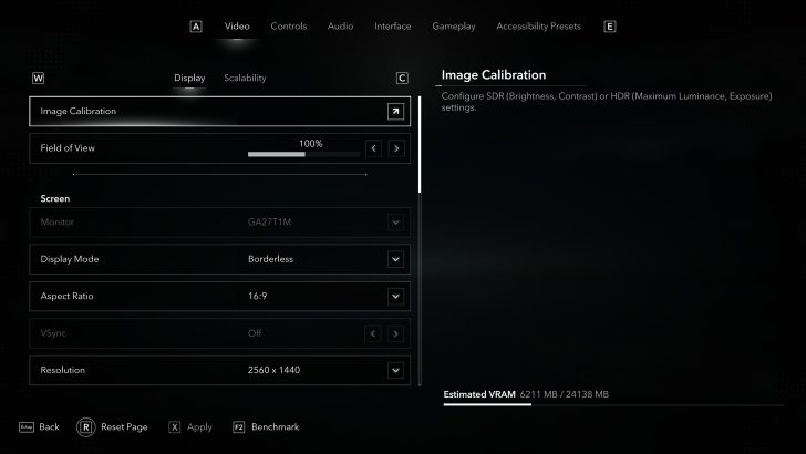 The image shows a video settings menu with fields for 'Image Calibration,' monitor 'GA27T1M,' 'Display Mode' set to 'Borderless,' 'Aspect Ratio' at '16:9,' 'VSync' off, and 'Resolution' at '2560 x 1440,' with an estimated VRAM usage of '6211 MB / 24138 MB.'