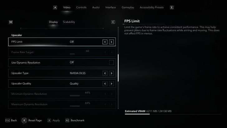 Settings menu showing upscaling options with 'NVIDIA DLSS' selected and 'FPS Limit' set to 'Off'.