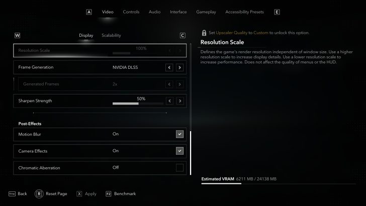A video settings menu shows 'Resolution Scale' set to 100%, 'Frame Generation' using NVIDIA DLSS, and 'Sharpen Strength' at 50%, with post-effects like 'Motion Blur' and 'Camera Effects' turned on, and 'Chromatic Aberration' turned off.