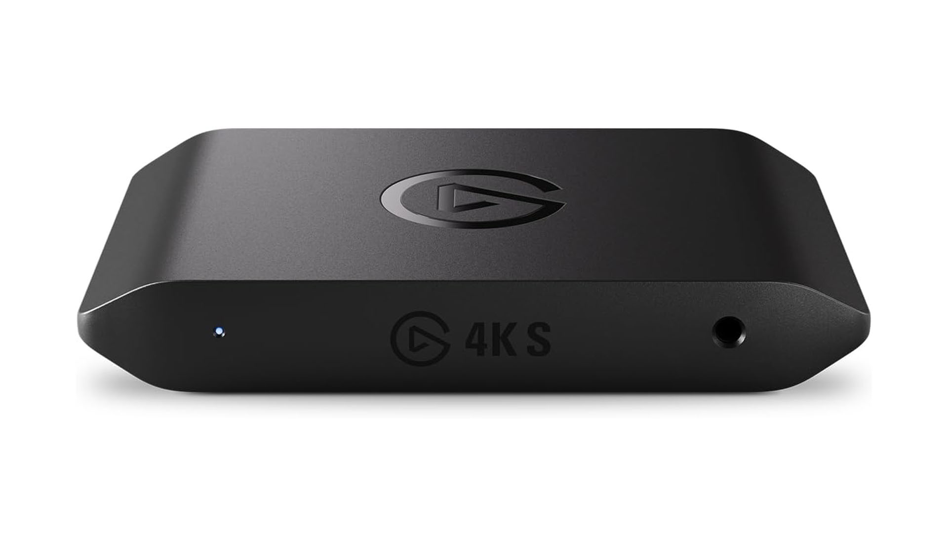 A close-up of the Elgato Game Capture 4K S+ device with its logo and '4K S' text visible on the front panel.