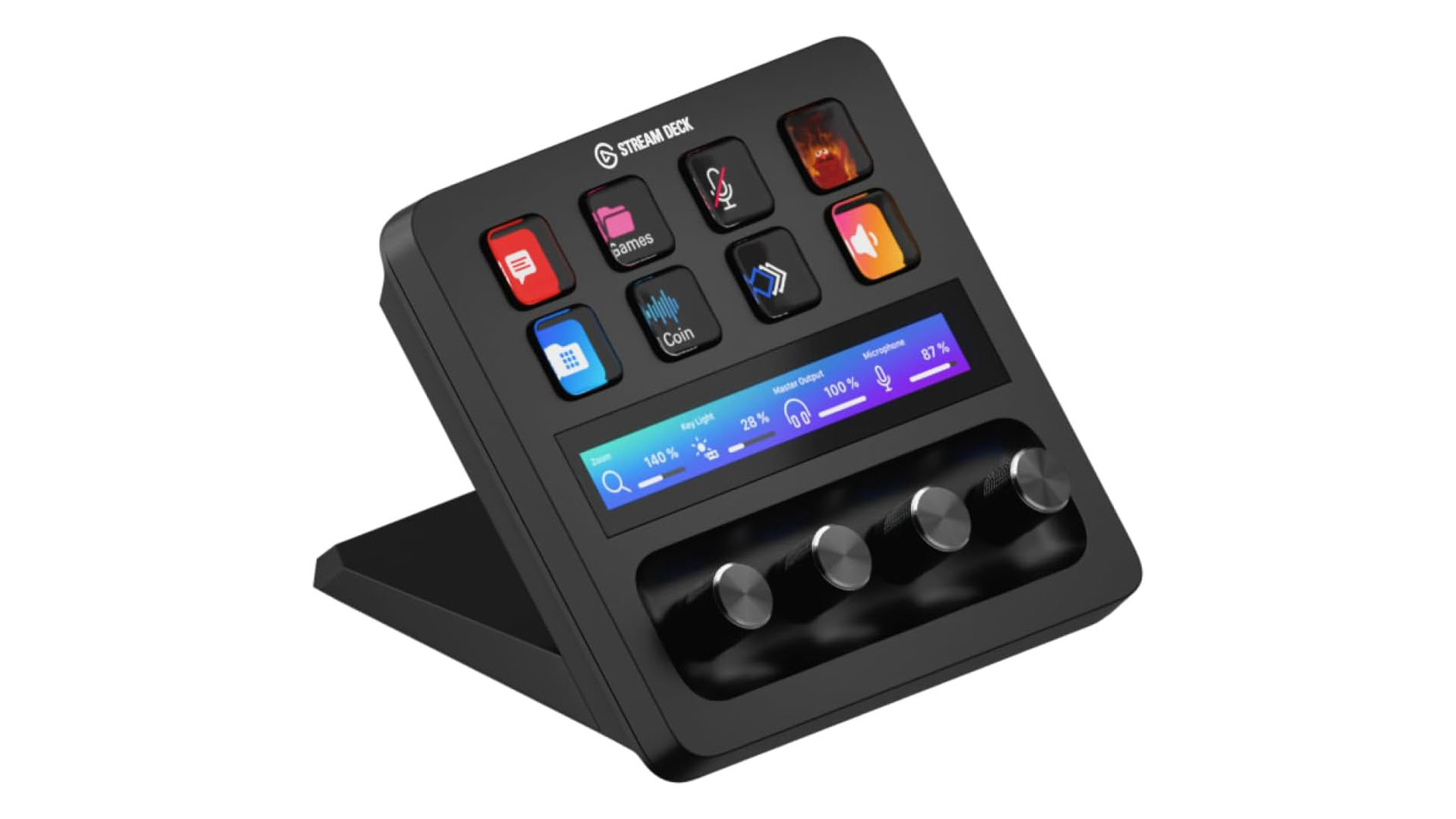 Elgato Stream Deck with customizable buttons and a digital display showing settings like 'Key Light: 28%' and 'Microphone: 87%', with three rotary knobs below.