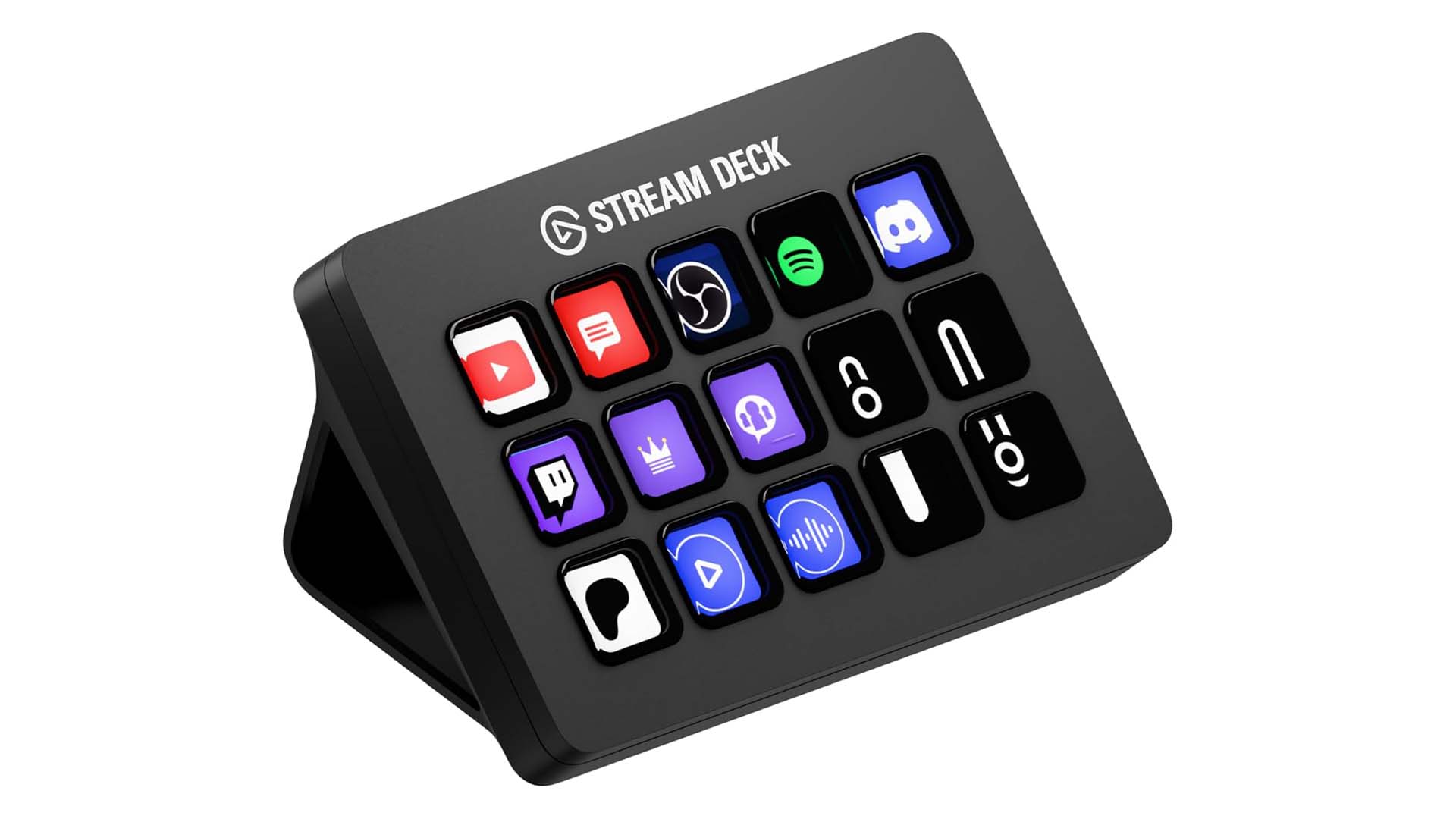 An Elgato Stream Deck displaying various app icons including YouTube, Twitch, and Discord.