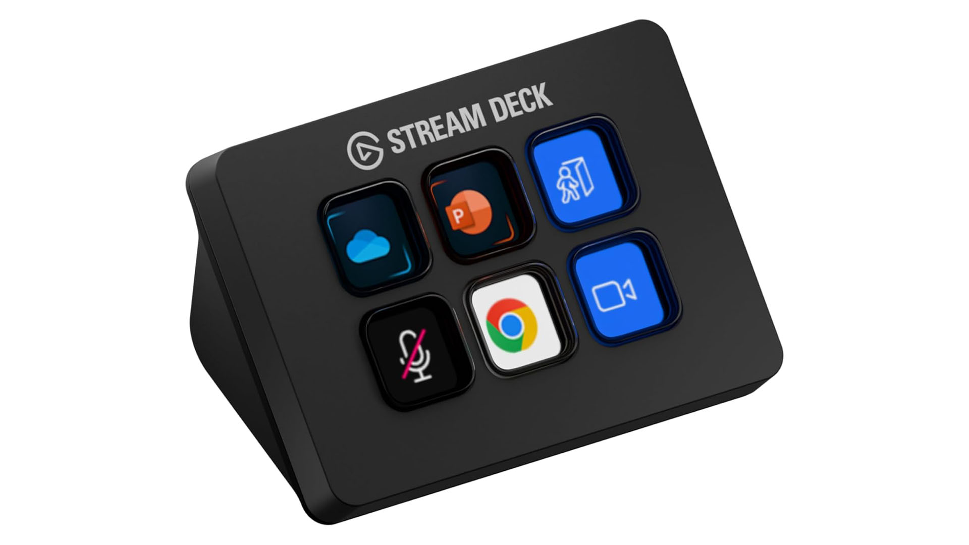 A Stream Deck device featuring six customizable buttons displaying icons for cloud storage, PowerPoint, a person exiting, microphone mute, Chrome, and video call.