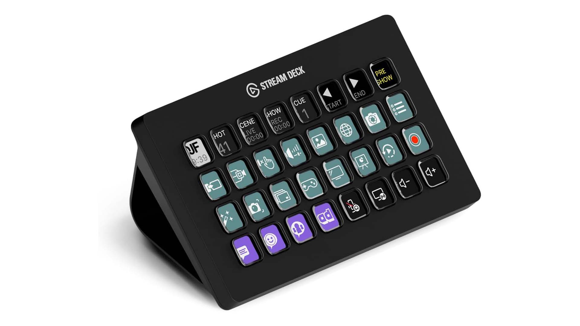 Elgato Stream Deck XL displaying various customizable control icons, including ones for video recording and sound management.