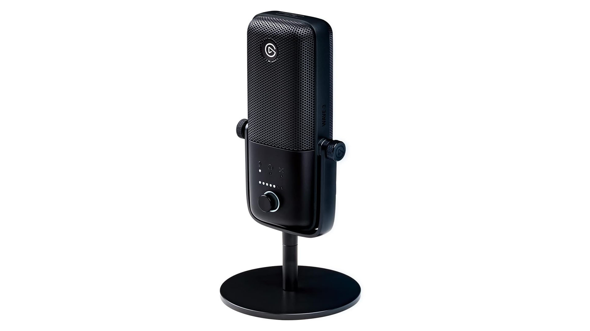 Black Elgato Wave:3 microphone with a mesh grille and control dial on a sturdy stand.