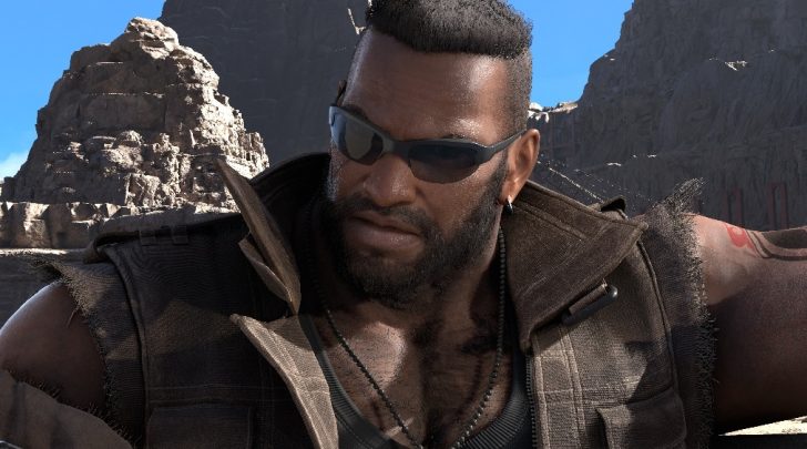A character from 'Final Fantasy VII' wearing sunglasses stands in a rocky desert landscape.