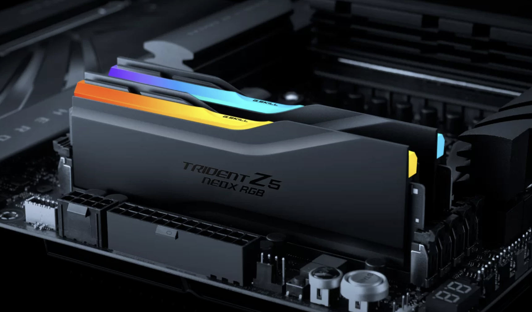 G.Skill Trident Z5 Neo X RGB RAM modules installed on a motherboard with visible RGB lighting.