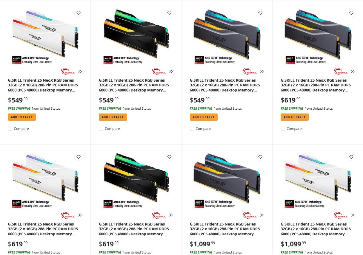 Several G.SKILL Trident Z5 NeoX RGB Series 32GB (2 x 16GB) 288-Pin PC RAM DDR5 6000 (PC5 48000) modules are displayed with prices ranging from $549.99 to $1,099.99, featuring 'AMD EXPO Technology' and 'FREE SHIPPING.'