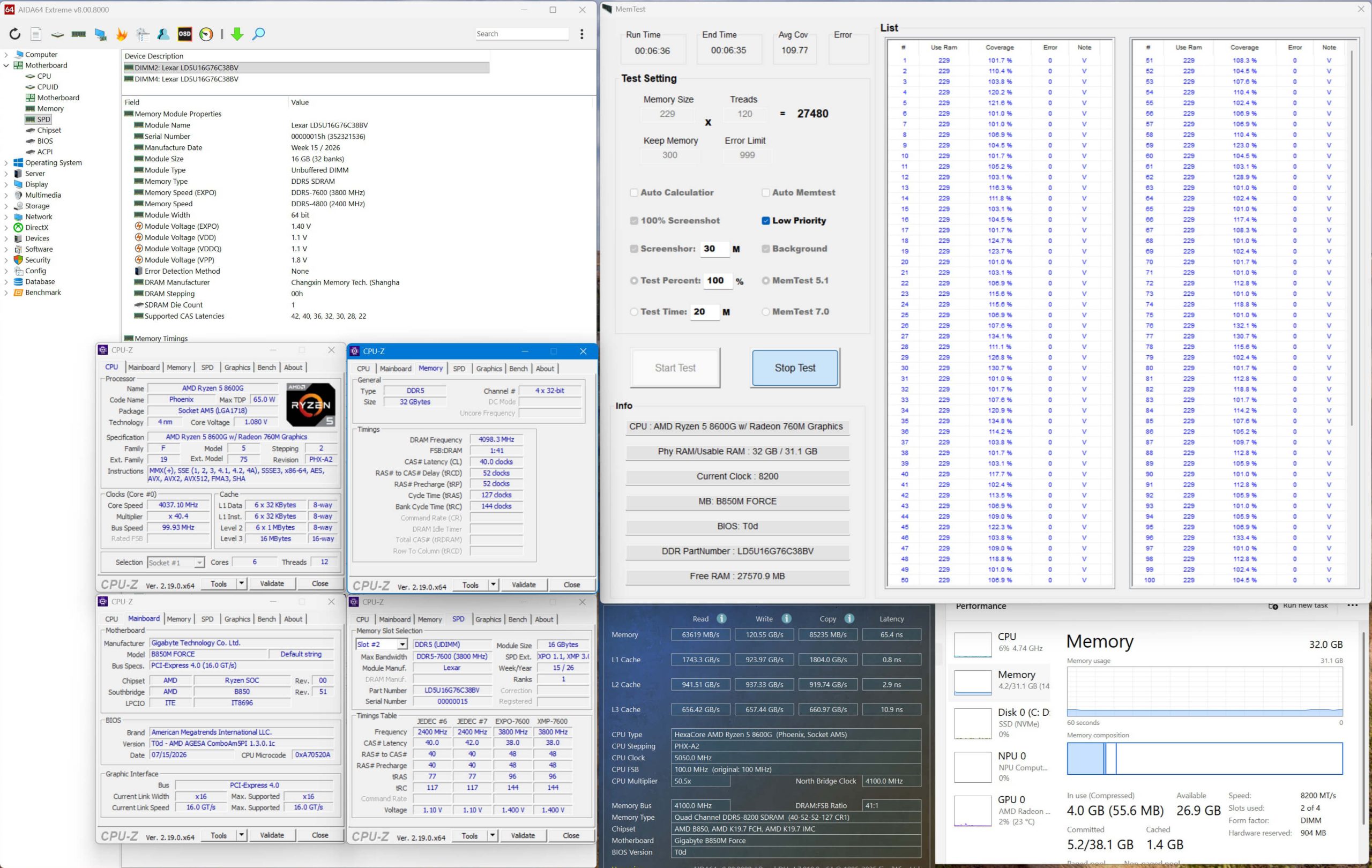 The image shows AMD Ryzen 5 6600G with Radeon 760M Graphics being analyzed by AIDA64 Extreme, CPU-Z, and MemTest applications, displaying memory and CPU details such as 32 GB DDR5 RAM and a memory frequency of 3200 MHz.