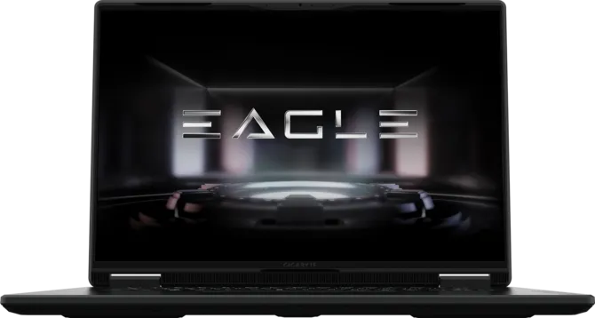 A Gigabyte laptop screen displaying the word 'EAGLE' with a futuristic graphic background.