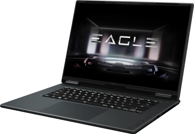A gaming laptop displaying the word 'EAGLE' on its screen.
