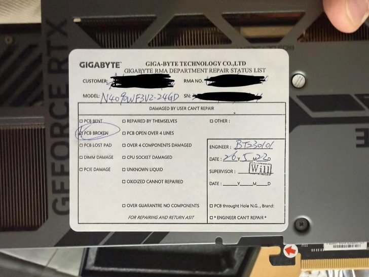 A Gigabyte graphics card with a repair status sheet marking 'PCB BROKEN' for model N4090WF3V2-24GD is visible.
