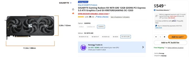 GIGABYTE Gaming Radeon RX 9070 GRE 12GB graphics card listed on Newegg for $549.99 with dimensions 11.34in x 5.20in.