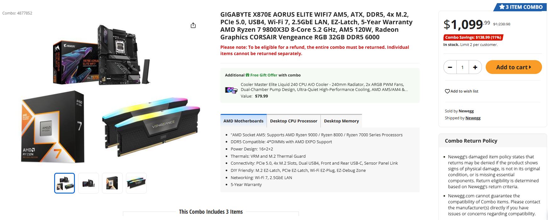 The combo deal includes a GIGABYTE X870E AORUS Elite WiFi7 motherboard, an AMD Ryzen 7 9800X3D processor, and CORSAIR Vengeance RGB 32GB DDR5 memory.