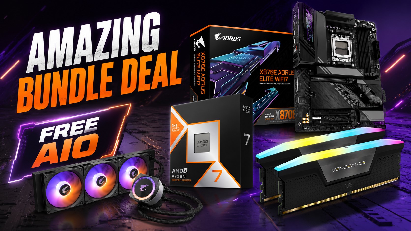 A promotional image featuring an AMD Ryzen 7 7000 Series processor, an AORUS X670E AORUS ELITE WIFI 7 motherboard, Corsair Vengeance DDR5 RAM, and an AORUS AIO liquid cooler with the text 'AMAZING BUNDLE DEAL FREE AIO'.