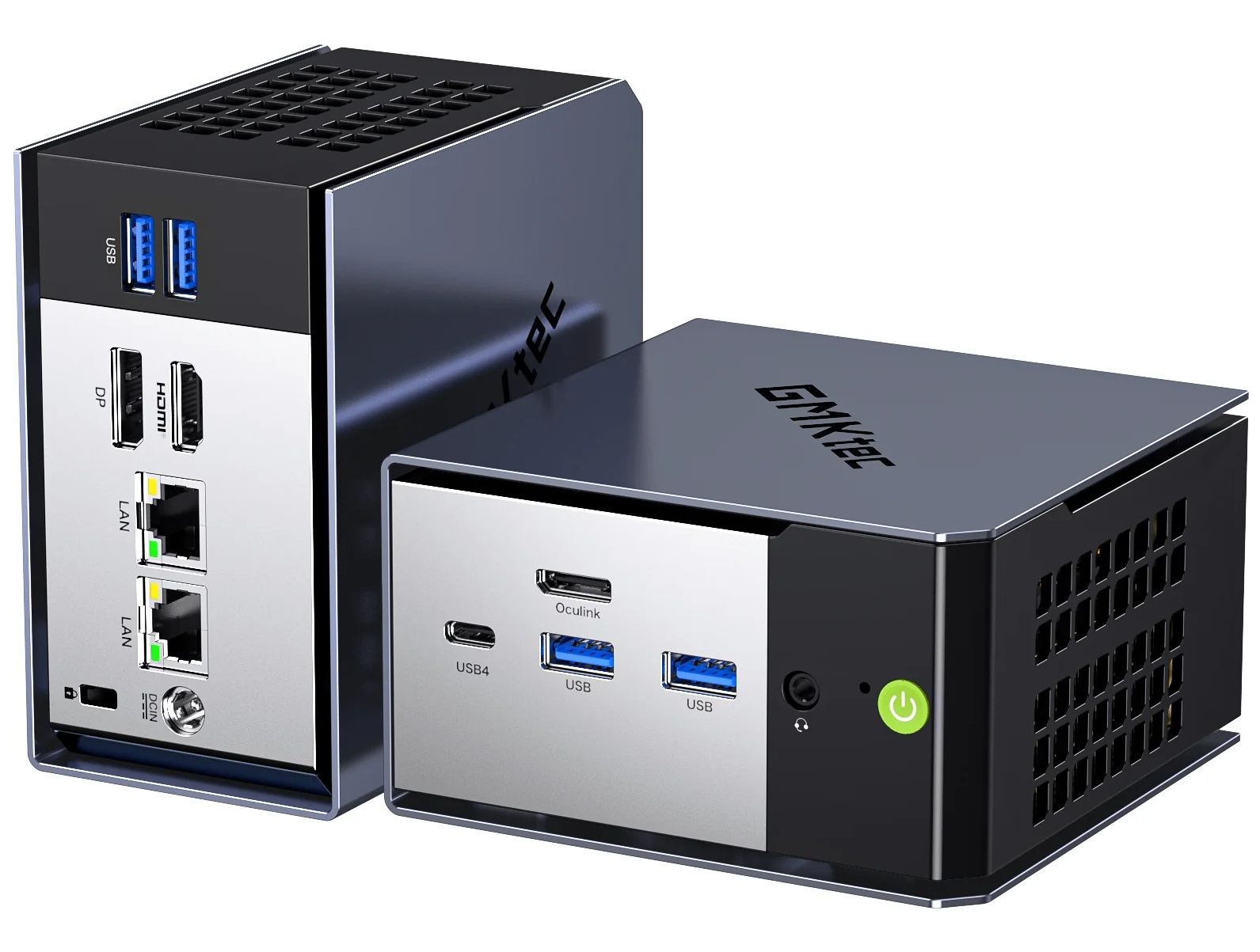 Two compact GMKtec mini PCs featuring USB, HDMI, DP, LAN, and USB4 ports, with power buttons and ventilation grills visible.
