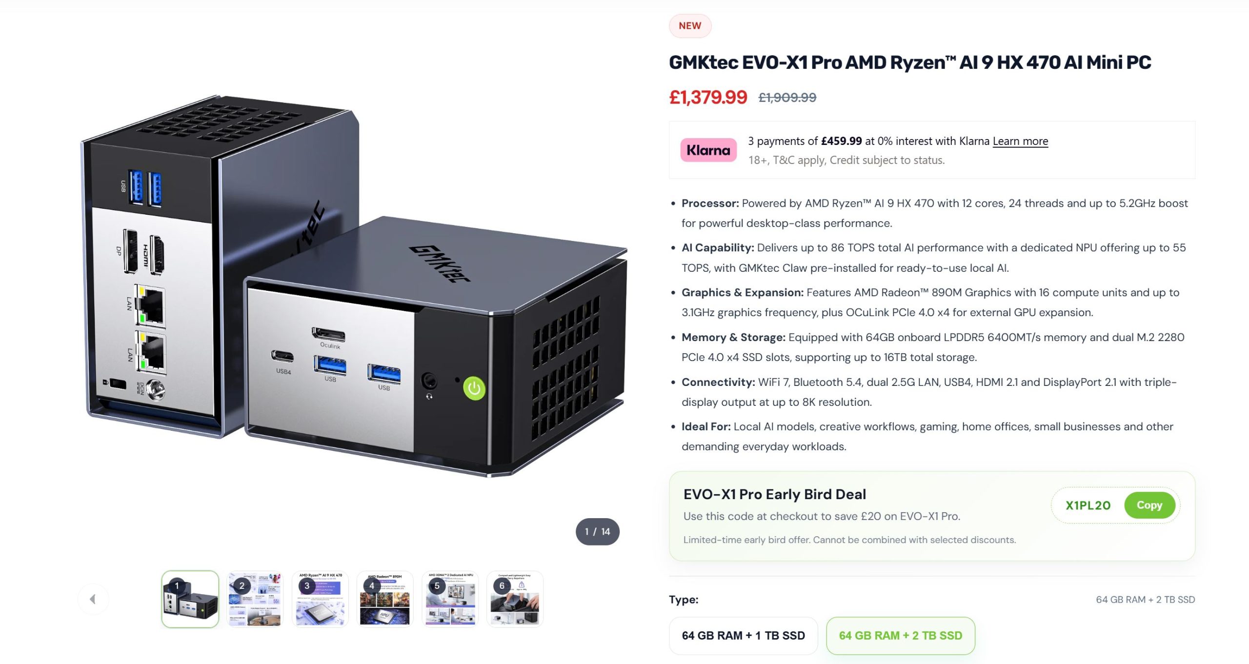 The image shows a GMKtec EVO-X1 Pro AMD Ryzen AI 9 HX 470 AI Mini PC with various ports, including USB4, USB, and Oculink, highlighted alongside a product listing with a price of £1,379.99 and specification details on the right side.