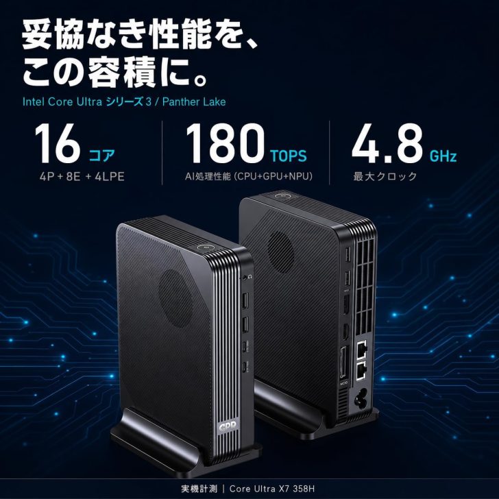 Two compact desktop units showcasing Intel Core Ultra Series 3 / Panther Lake specifications, featuring '16コア', '180 TOPS', and '4.8 GHz'.