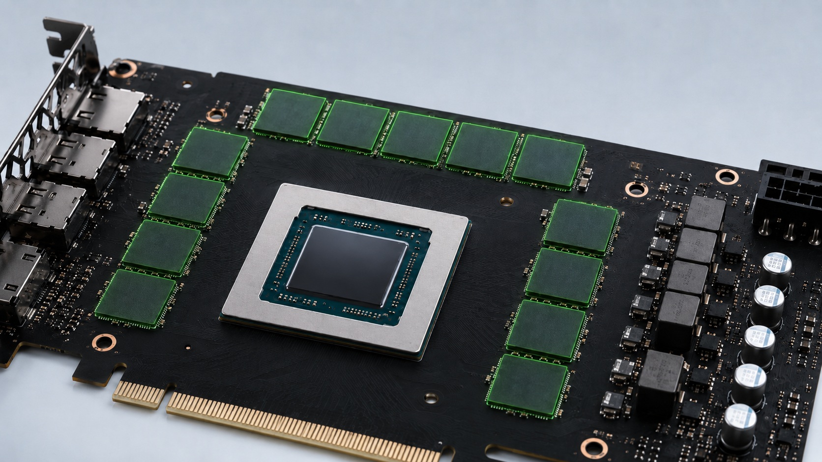 A close-up view of an unbranded graphics card featuring a central GPU chip surrounded by memory modules and various connectors.