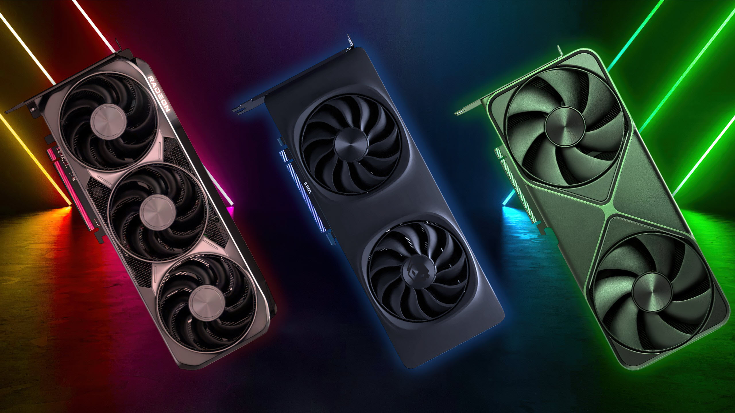 Three graphics cards from different brands, including a Radeon-branded model, displayed against a colorful, illuminated background.