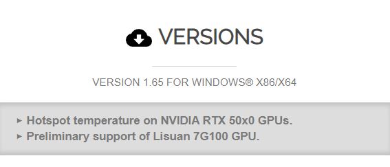 The image shows software version 1.65 for Windows x86/x64, highlighting hotspot temperature support for NVIDIA RTX 50x0 GPUs and preliminary support for Lisuan 7G100 GPU.