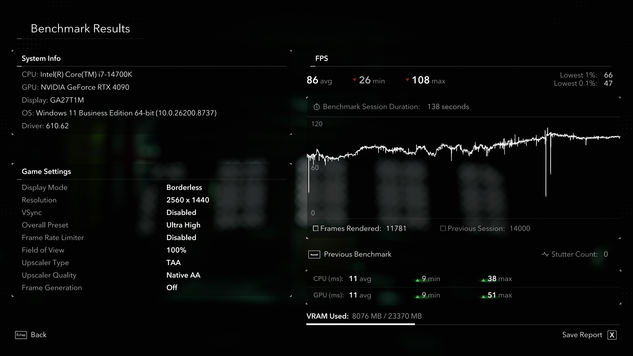 A benchmark result screen shows an Intel Core i7-14700K CPU with an NVIDIA GeForce RTX 4090 GPU averaging 86 FPS, with game settings at a 2560 x 1440 resolution on 'Ultra High' preset, displaying statistics such as 'CPU (ms): 11 avg' and 'Frames Rendered: 11781.'