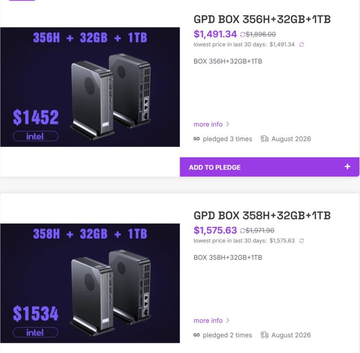 Two listings for GPD BOX computers show on the left a GPD BOX 356H with '356H + 32GB + 1TB' priced at '$1452' and on the right another listing for GPD BOX 358H with '358H + 32GB + 1TB' priced at '$1534'.
