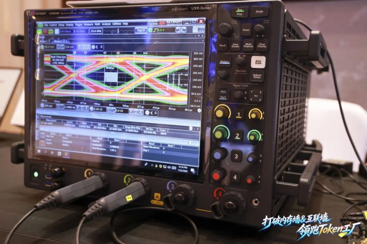 A Keysight Infiniium UXR-Series oscilloscope displays a colorful real-time eye diagram on its screen with multiple control buttons and connected probes.